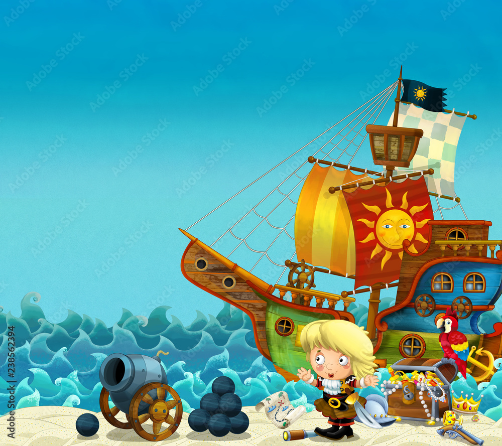 Naklejka premium Kreskówka scena plaży w pobliżu morza lub oceanu - kobieta kapitan piratów na brzegu z armatą i skrzynią skarbów - statek piracki - ilustracja dla dzieci