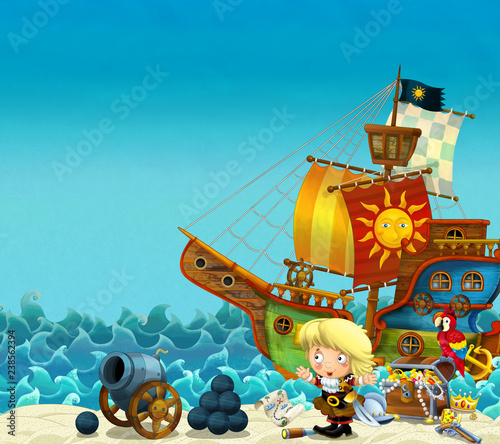 Cartoon scene of beach near the sea or ocean - pirate captain woman on the shore with cannon and treasure chest - pirate ship - illustration for children © honeyflavour