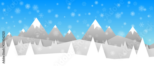 Simple seamless paper cut winter vector landscape with layered mountains, trees and falling snowflakes on blue background.
