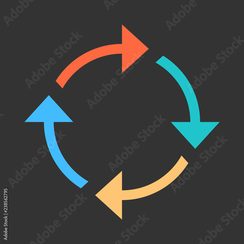 Arrow reload, refresh, rotation, repetition, reset sign. Colored icon on gray background created in 2D flat style. This design graphic element is saved as a vector illustration in EPS file format