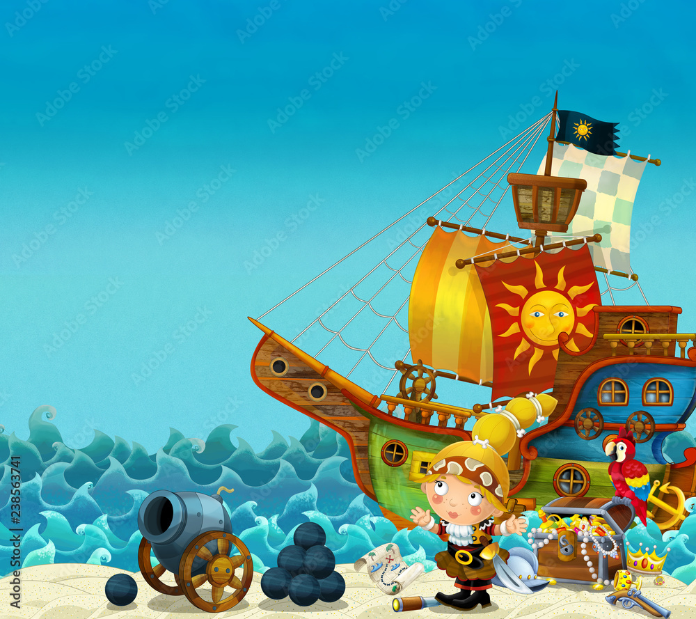 Naklejka premium Scena kreskówki plaży w pobliżu morza lub oceanu - pirat kapitan kobieta na brzegu z armaty i skarbów - statek piracki - ilustracja dla dzieci