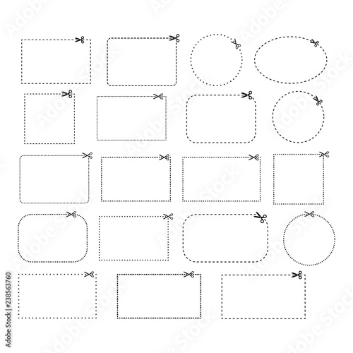 Coupon scissors cut vector template set. Coupon dashed line rectangle, oval and circle templates.