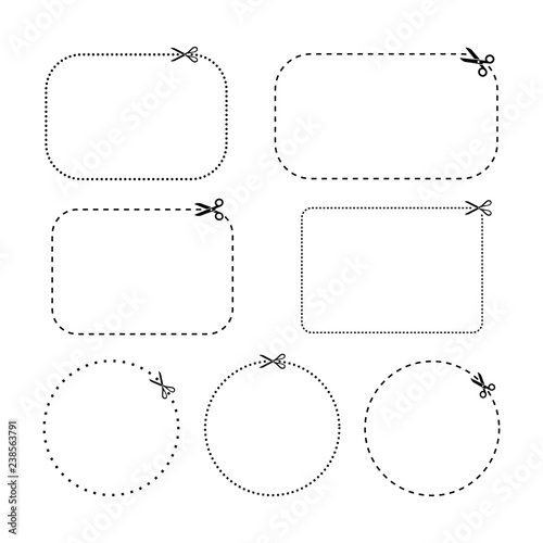 Oval rectangle and circle coupons vector templates. Coupons dashed and dotted line template set.