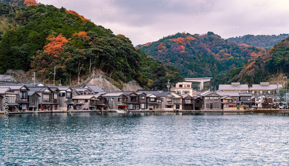 Scenic view of Ine-Cho and Funaya houses at Ine bay in Autumn , Kyoto, Japan