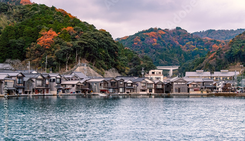 Scenic view of Ine-Cho and Funaya houses at Ine bay in Autumn , Kyoto, Japan