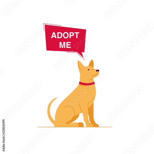 Sitting dog with a poster Adopt me. Dont buy - help the homeless animals find a home, kit of sad puppies - vector illustration
