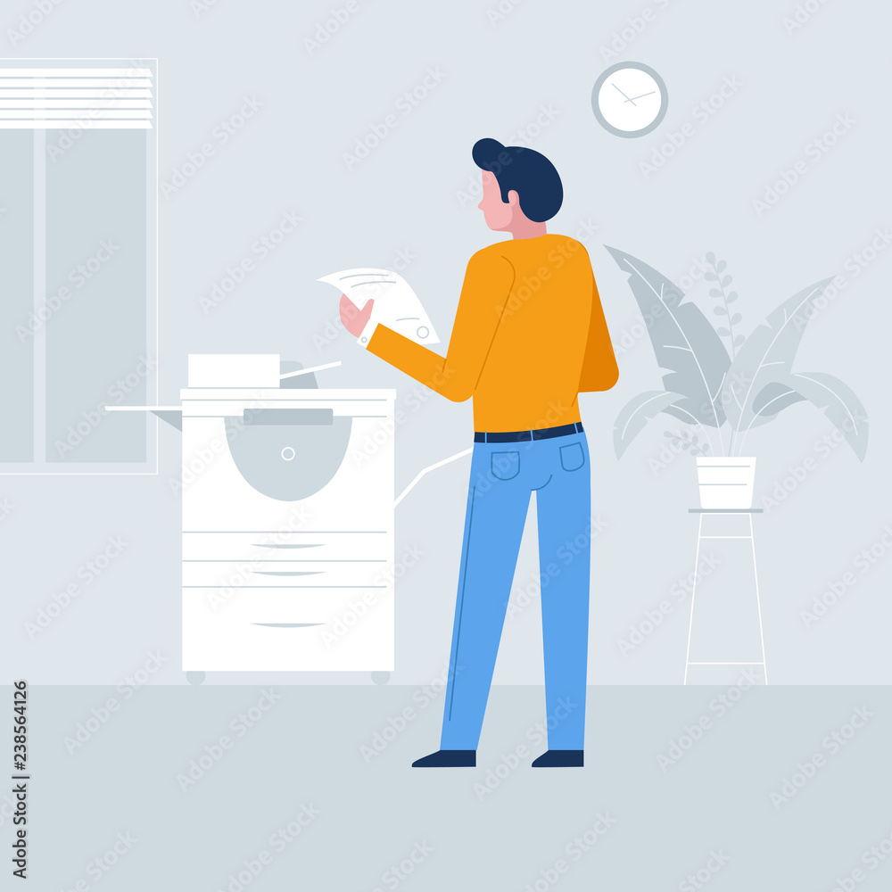 Young secretary making photocopies on xerox machine in office.Vector illustration cartoon character