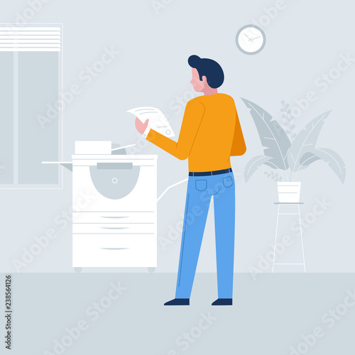 Young secretary making photocopies on xerox machine in office.Vector illustration cartoon character