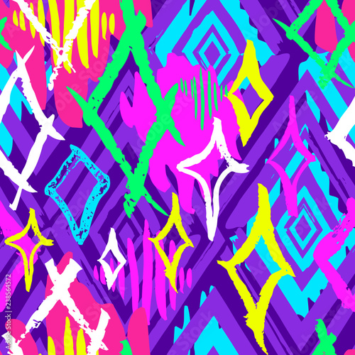 Seamless vector colorful brush stroke pattern. Trendy colors fashion fabric, cover, textile, geometric wavy lines abstract summer, spring, background design. Hand drawn vector illustration.