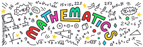 Mathematics. Maths doodles with colorful lettering on white background. photo