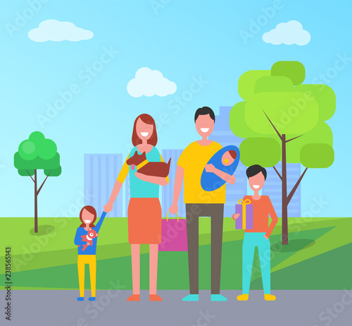 Family Walk Outdoors in City Park. Mother with Dog