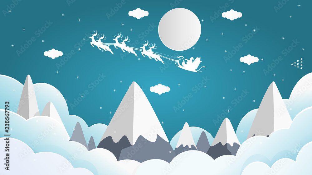 Vector illustration graphic design of Santa Cross sits on a snowmobile with a reindeer on the sky in front of the full moon on Christmas night with snow falling over the peek of the mountain. Vector illustration graphic design of Santa Cross sits on a snowmobile with a reindeer on the sky in front of the full moon on Christmas night with snow falling over the peek of the mountain.