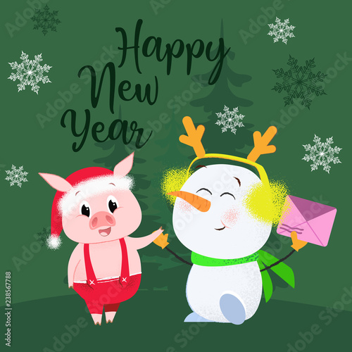 Happy New Year lettering with pig and snowman. New Year Day greeting card. Handwritten text, calligraphy. For leaflets, brochures, invitations, posters or banners.