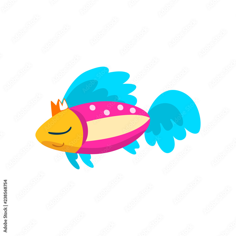 Cute colorful fish in golden crown, little sea creature character, marine theme design element can be used for kids party invitation, greeting card vector Illustration Cute colorful fish in golden crown, little sea creature character, marine theme design element can be used for kids party invitation, greeting card vector Illustration