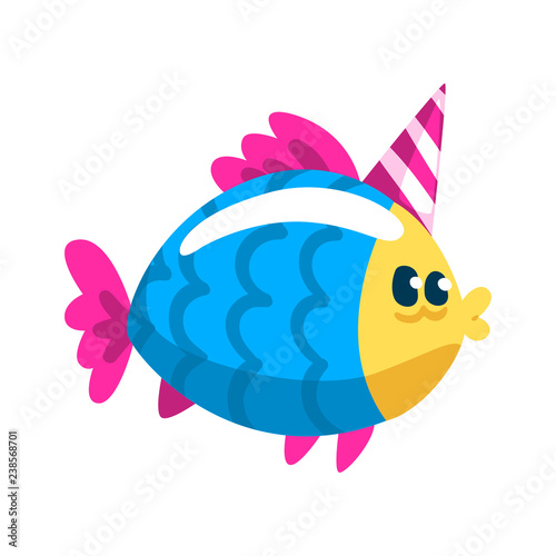 Cute colorful fish wearig party hat, little sea creature character, marine theme design element can be used for kids party invitation, greeting card vector Illustration