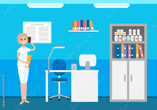 Veterinary Hospital, Woman Receptionist Talking