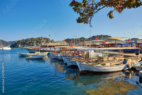 Fototapeta Naklejka Na Ścianę i Meble -  Marine parking of boats and yachts in Kekova is a sunken city in Turkey.