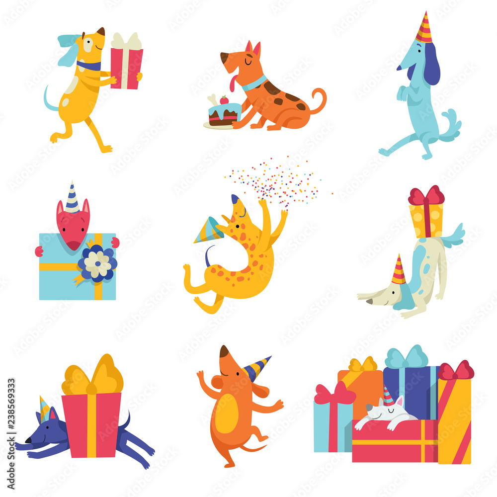 Collection of cute dogs in party hats with gift boxes, funny cartoon animal characters at birthday party vector Illustration Collection of cute dogs in party hats with gift boxes, funny cartoon animal characters at birthday party vector Illustration