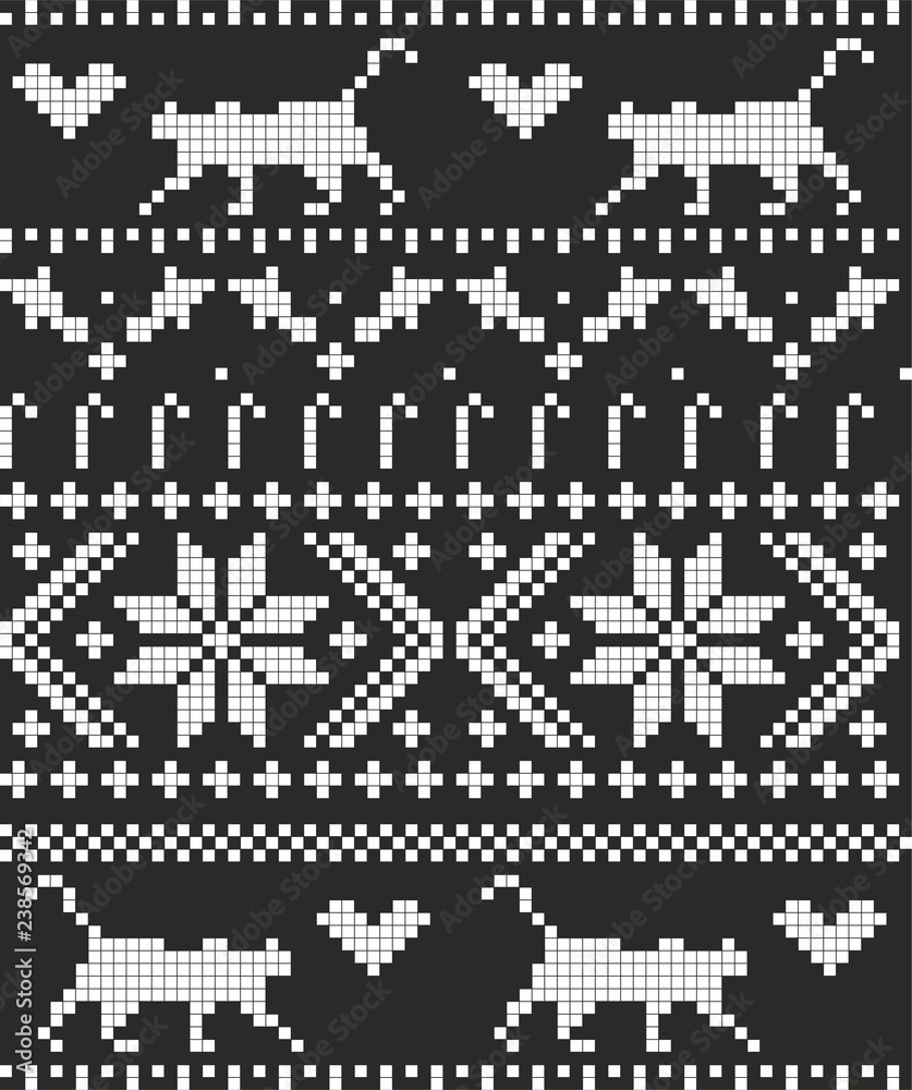 Christmas embroidery cat black white seamless vector pattern Christmas embroidery cat black white seamless vector pattern