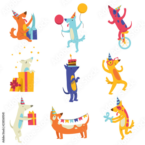 Collection of cute dogs in party hats, funny cartoon animal characters having fun at birthday party vector Illustration