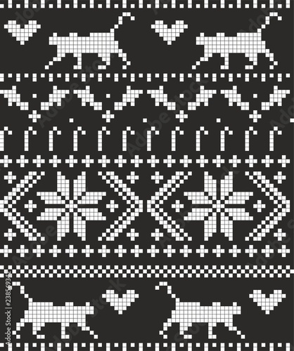 Christmas embroidery cat black white seamless vector pattern
