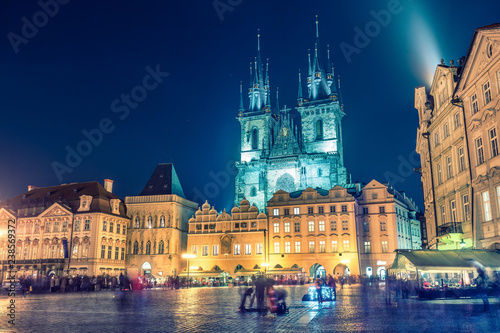 Old town with Tyn church in Prague, Czech republic, at night. Colourful skyline.