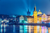 Scenic view over Old town in Prague, Czech republic, at nighttime. Beautiful travel background.