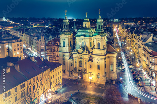 Aerial view on Old town in Prague  Czech republic  at night. Colourful skyline.
