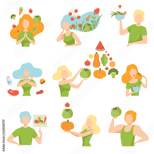 Collection of people with vegetables and fruits, healthy lifestyle, diet, organic vegan food vector Illustration
