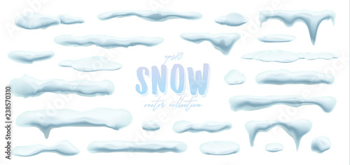 Vector collection of snow caps, pile, icicles, isolated on background, transparent, ice, snowball and snowdrift. 3d Winter decorations, Christmas, snow texture, white elements, holiday design. photo