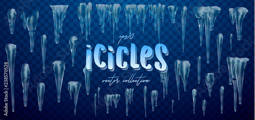 Vector collection of icicles, isolated on background, transparent, ice. 3d Winter decorations, Christmas, snow texture, white elements, holiday design, vector snow icicles.