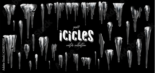 Vector collection of icicles, isolated on background, transparent, ice. 3d Winter decorations, Christmas, snow texture, white elements, holiday design, vector snow icicles.