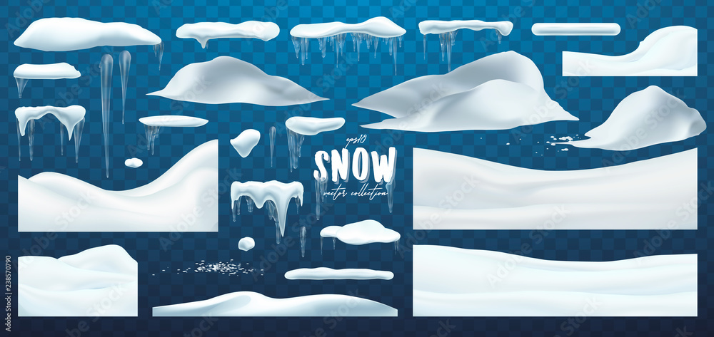 Vector collection of snow caps, pile, icicles, isolated on background, transparent, ice, snowball and snowdrift. 3d Winter decorations, Christmas, snow texture, white elements, holiday design.