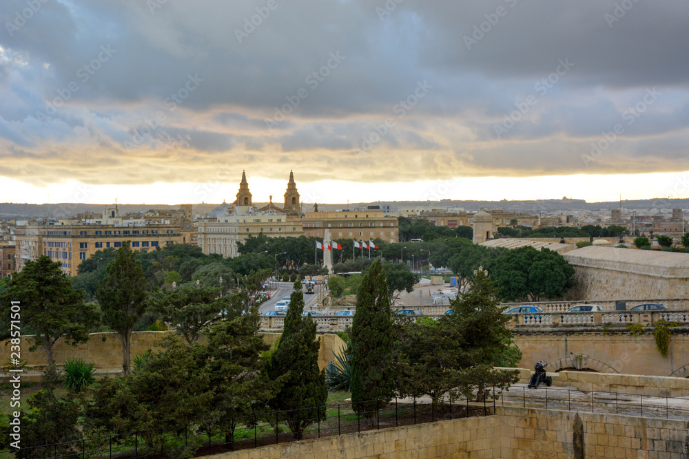 Panoramic view of sunset in Valletta, the capital city of Malta