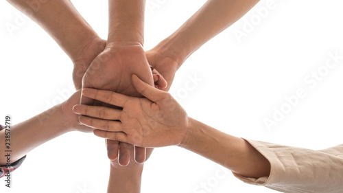under view friendship People partnership teamwork  stacking hands on white background , Business  teamwork concept