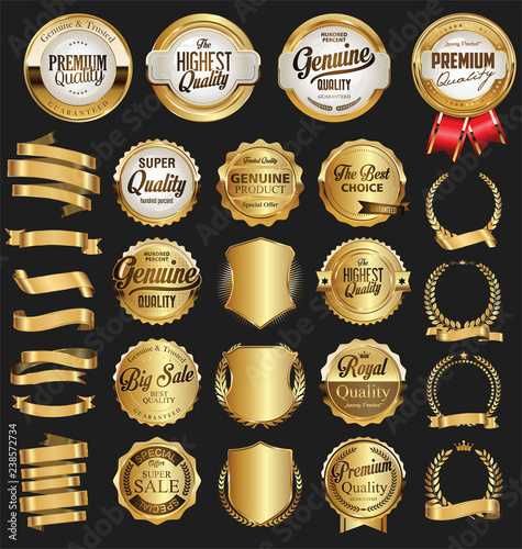 Collection of vintage retro premium quality golden badges and labels