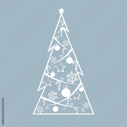 Stencil laser cut for christmas cards Openwork Christmas spruce tree cut out of paper for invitation greeting card for the New Year Christmas Stencil vector for laser cutting plotter cutting printing