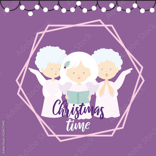 Flat design illustration of a Christmas greeting card with three angels singing carols on a purple background and Christmas time tag, vector