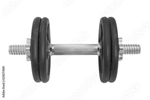 black metal gym dumbbell with chrome silver handle isolated on white background