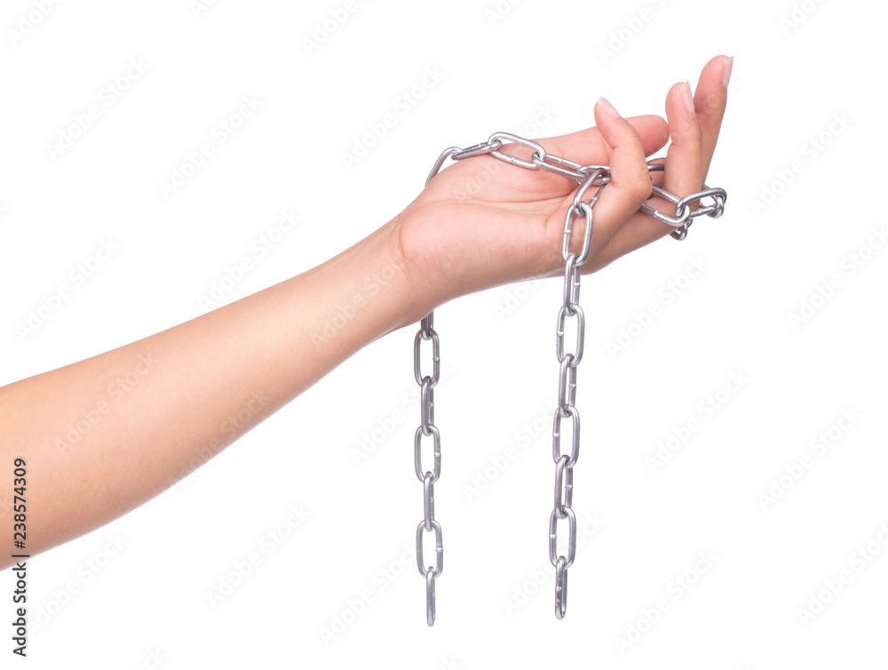 hand holding Steel chain isolated on white background Photos | Adobe Stock