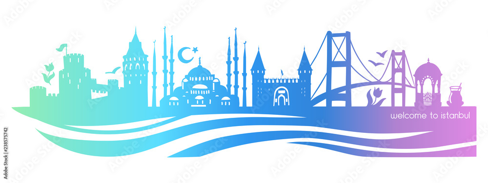 Istanbul symbols. Vector panoramic illustration of famous turkish landmarks. Horizontal skyline silhouette with waves in blue gradient colors isolated on white background. Travel to Turkey concept. - 