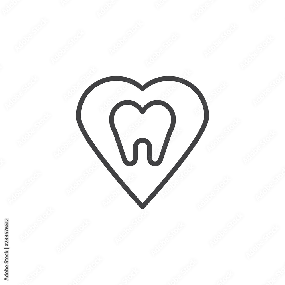 Teeth Heart Inside outline icon. linear style sign for mobile concept and web design. Dental care simple line vector icon. Symbol, logo illustration. Pixel perfect vector graphics