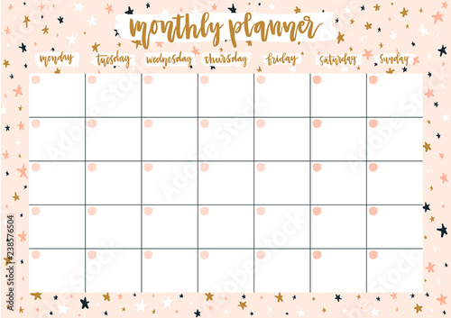 Cute monthly planner for 2019 year on pastel background with stars. A4 print ready open date calendar design. Template vector illustration.