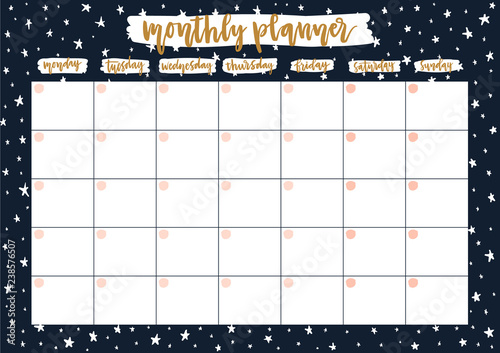 Cute monthly planner for 2019 year on space background with stars. A4 print ready open date calendar design. Template vector illustration.