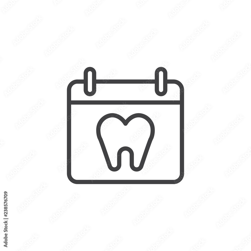 Calendar with tooth outline icon. linear style sign for mobile concept and web design. Dental appointment simple line vector icon. Dentist reception day symbol, logo illustration. Pixel perfect vector Calendar with tooth outline icon. linear style sign for mobile concept and web design. Dental appointment simple line vector icon. Dentist reception day symbol, logo illustration. Pixel perfect vector