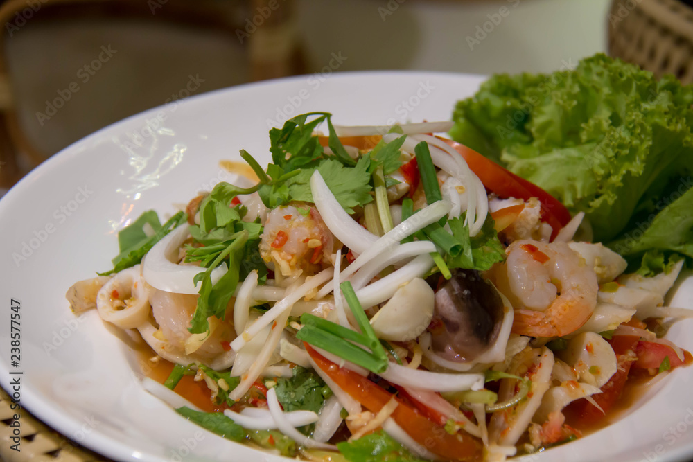 Delicious Squid Spicy Salad Dish ; Yummy Lunch Meal With Steamed Rice