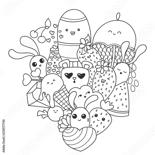 Vector doodle art with ice cream, sweets and kawaii characters. Valentines Day pattern for coloring book or design print. Easy to change color.