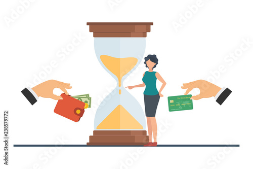 Credit card purchase and payment concept. Debt repayment, repayment of a debt, credit card debt. Loan repayment, return of funds to the card. Vector illustration.