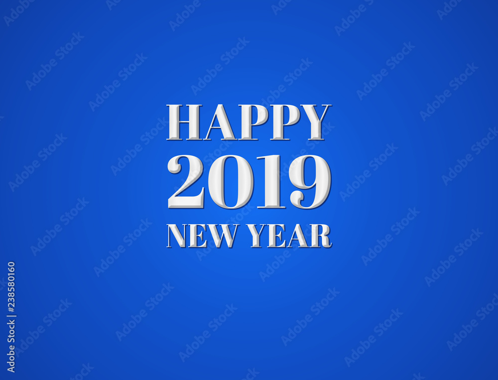 happy new year 2019 lettering design ornaments modern white text and number celebration greeting holiday festival on blue background. happy new year 2019 lettering design ornaments modern white text and number celebration greeting holiday festival on blue background.
