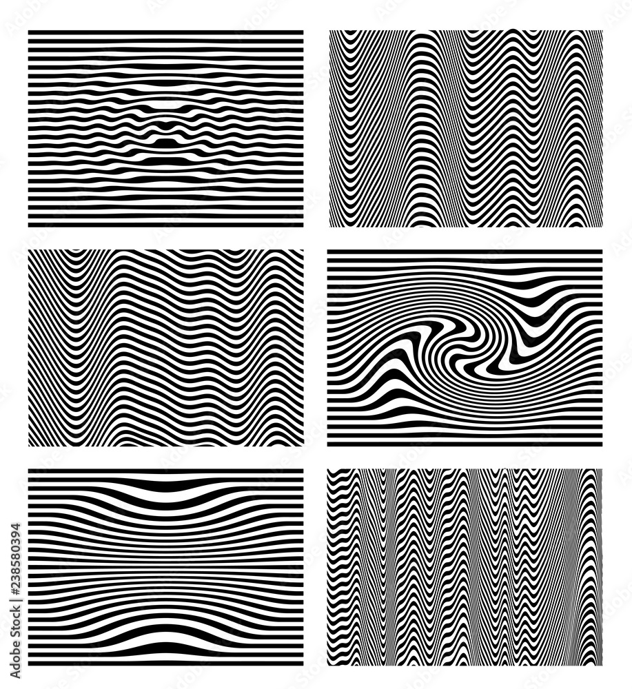 Set of black and white wave stripe optical abstract. Design background. Curved lines. Vector illustration. Isolated on white background.